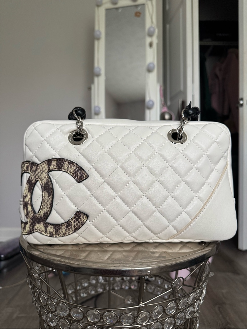 White & snake print inspired cambon bag
